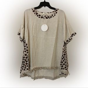 Umgee Plus Oatmeal shirt with animal trim